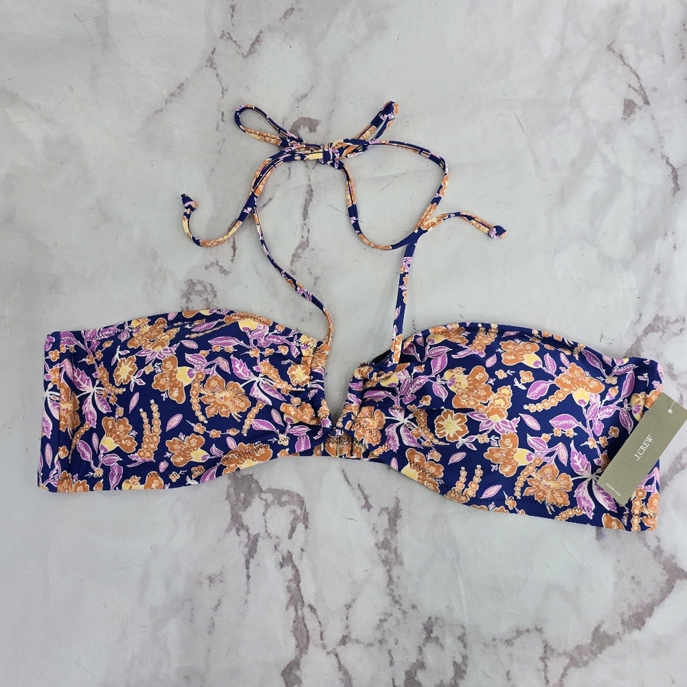 J Crew Swim Top Blue Orange Floral Bikini Tie Square Halter Bandeau BH512